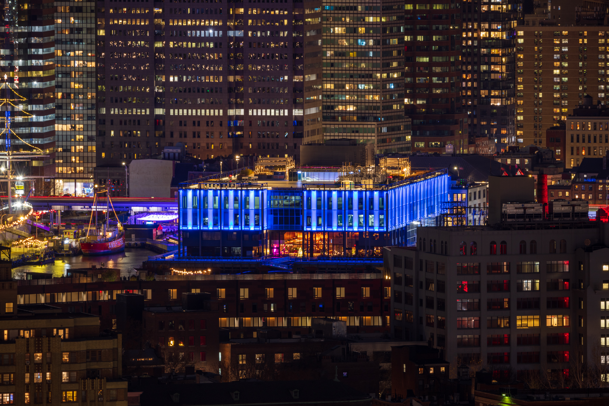 Manhattan's Pier 17 from Brooklyn photographed at 403mm